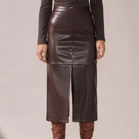 Brown Casual Women's Elegant A-Line Split Hem faux leather Skirt - Picture 8 of 8